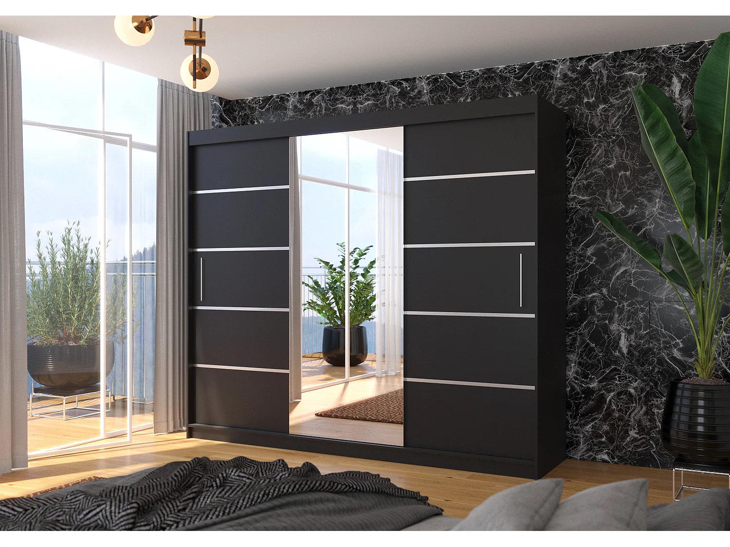 Grande armoire de chambre à coucher 3 portes coulissantes noir et alu avec miroir Cindy 250cm