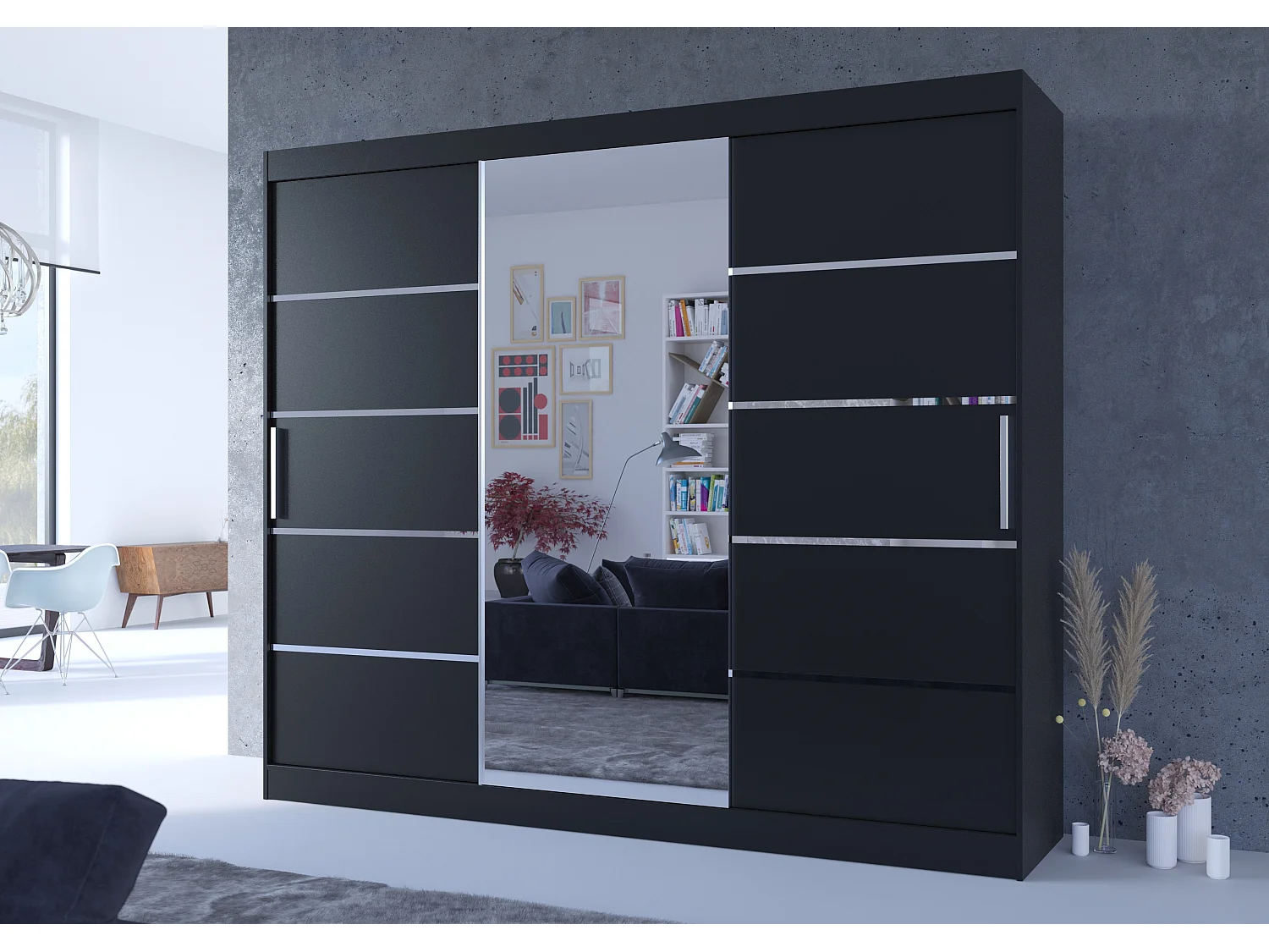 Grande armoire de chambre à coucher 3 portes coulissantes noir et alu avec miroir Cindy 250cm