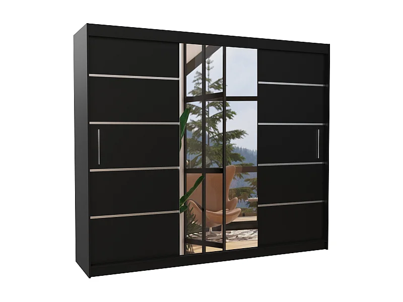 Grande armoire de chambre à coucher 3 portes coulissantes noir et alu avec miroir Cindy 250cm