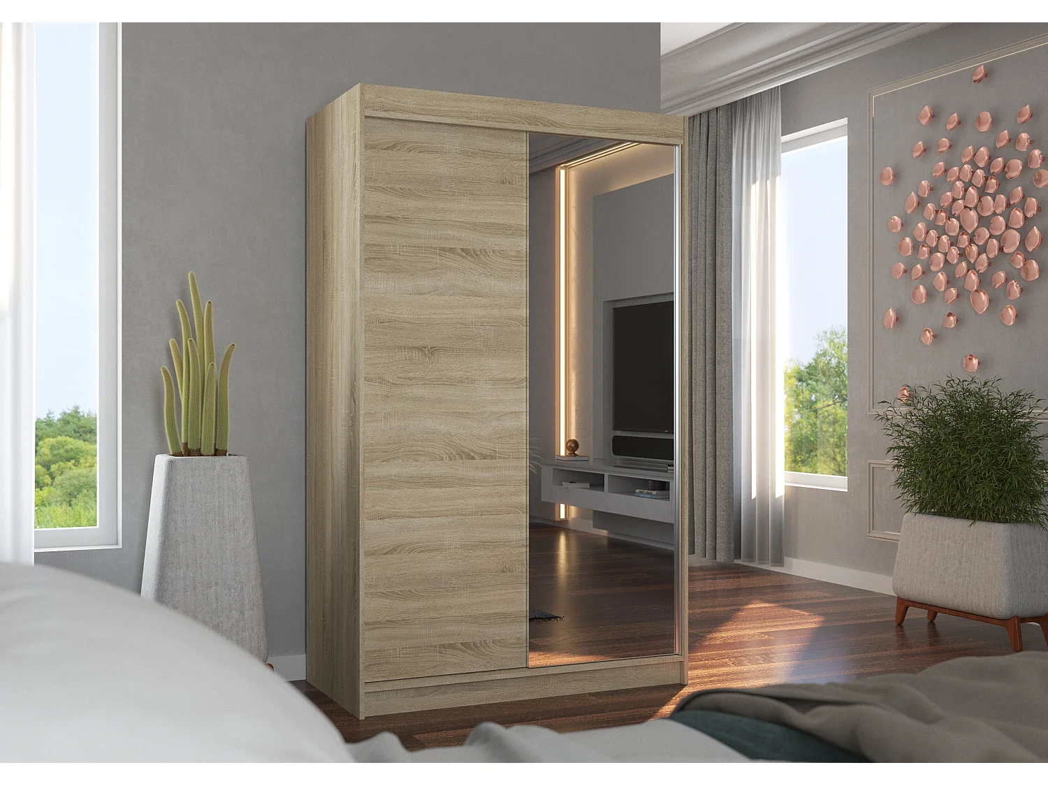 Kleine slaapkamerkast 2 schuifdeuren 1 natuurlijk hout 1 Roxane spiegel 120 cm