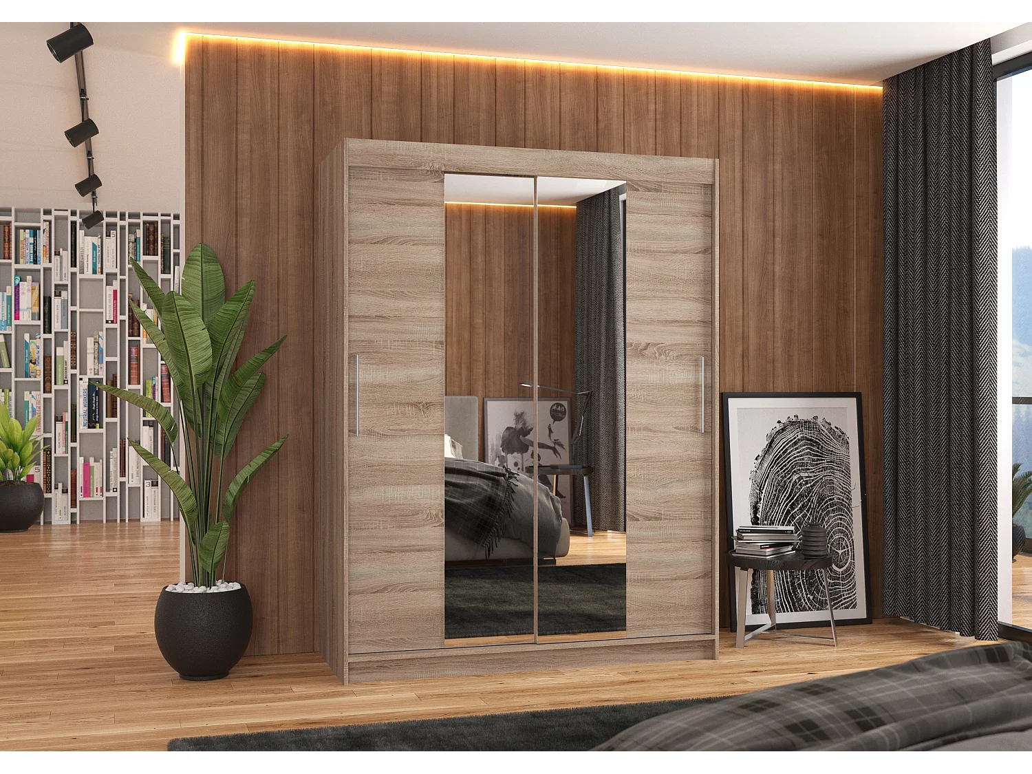 Armoire de chambre 2 portes coulissantes bois truffe et miroir Linoa 150cm