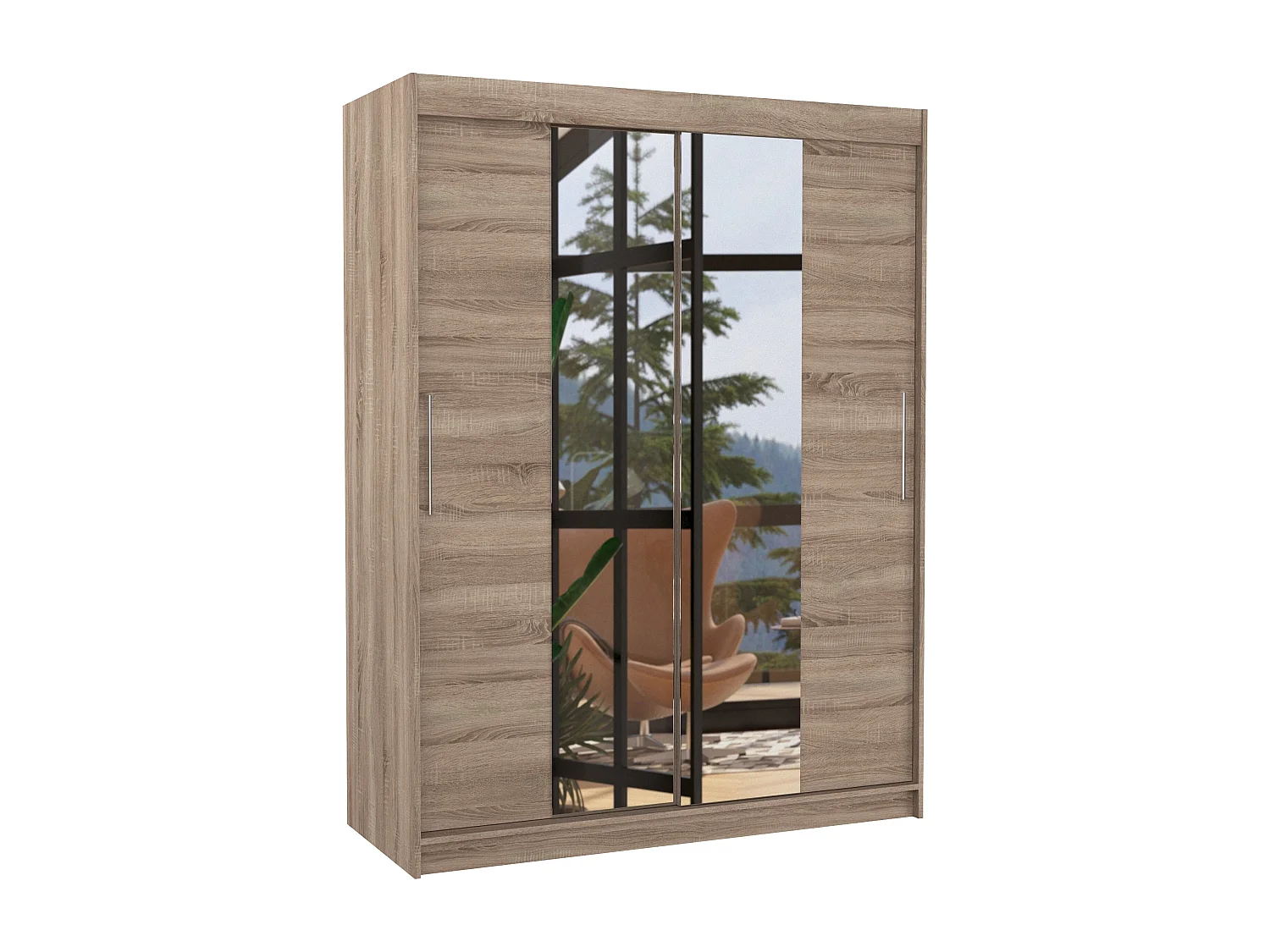 Armoire de chambre 2 portes coulissantes bois truffe et miroir Linoa 150cm