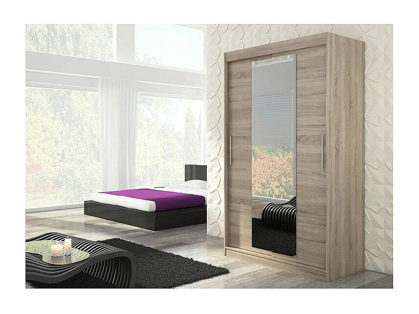 Armoire de chambre 2 portes coulissantes bois truffe et miroir Linoa 150cm