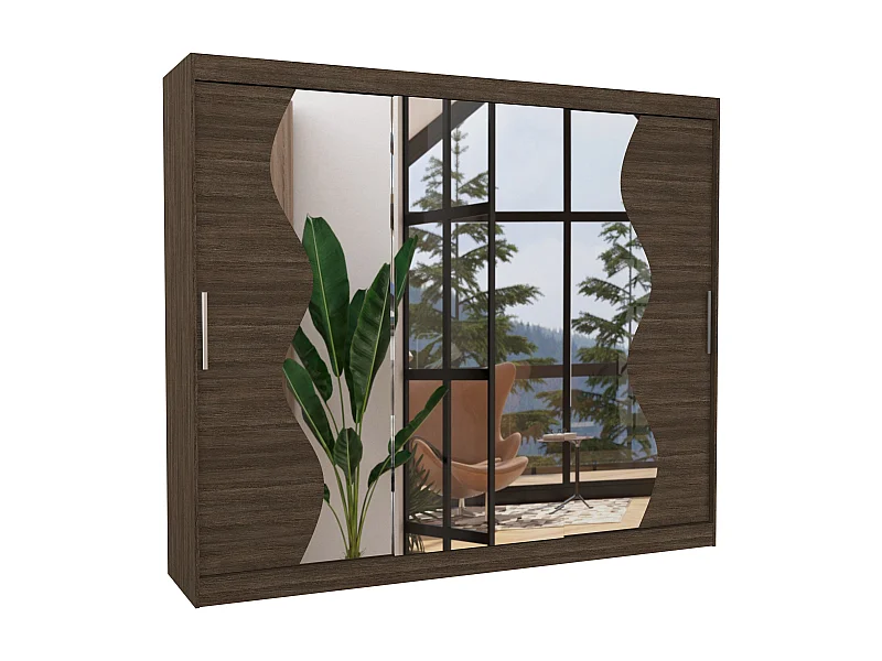 Grote slaapkamerkast met 3 bruine schuifdeuren en Kola schuine spiegel 250 cm