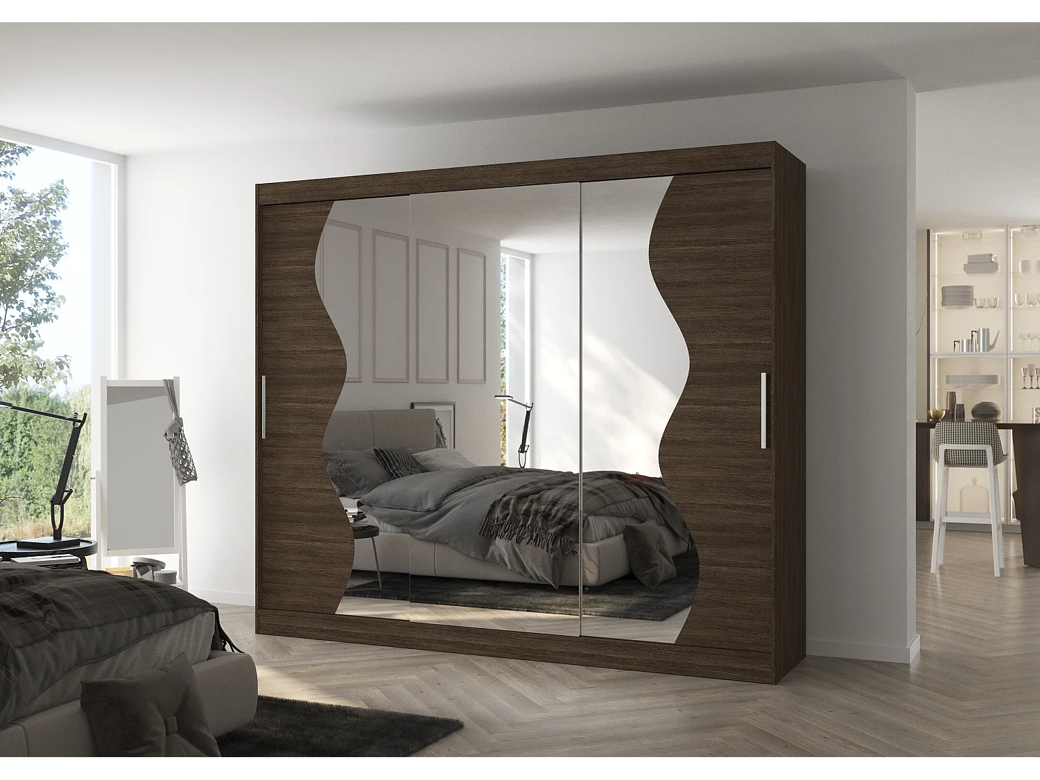 Grande armoire de chambre à coucher 3 portes coulissantes marron et miroir biseauté Kola 250cm