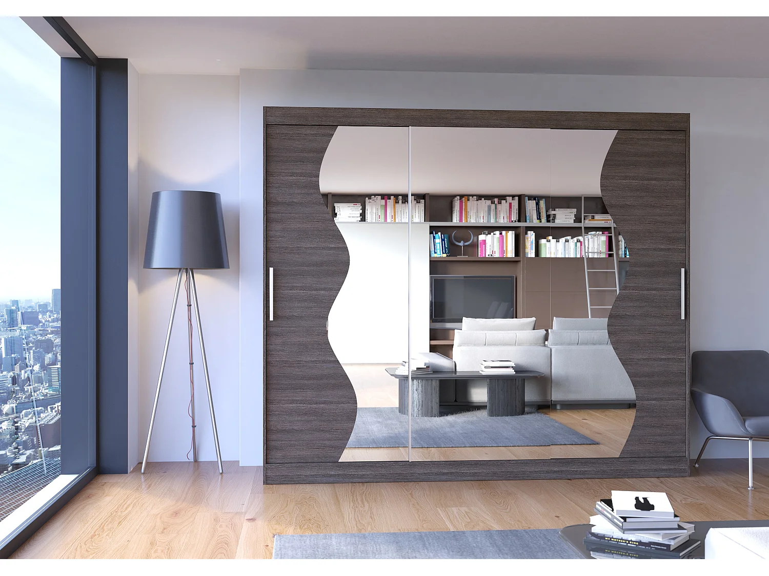 Grande armoire de chambre à coucher 3 portes coulissantes marron et miroir biseauté Kola 250cm