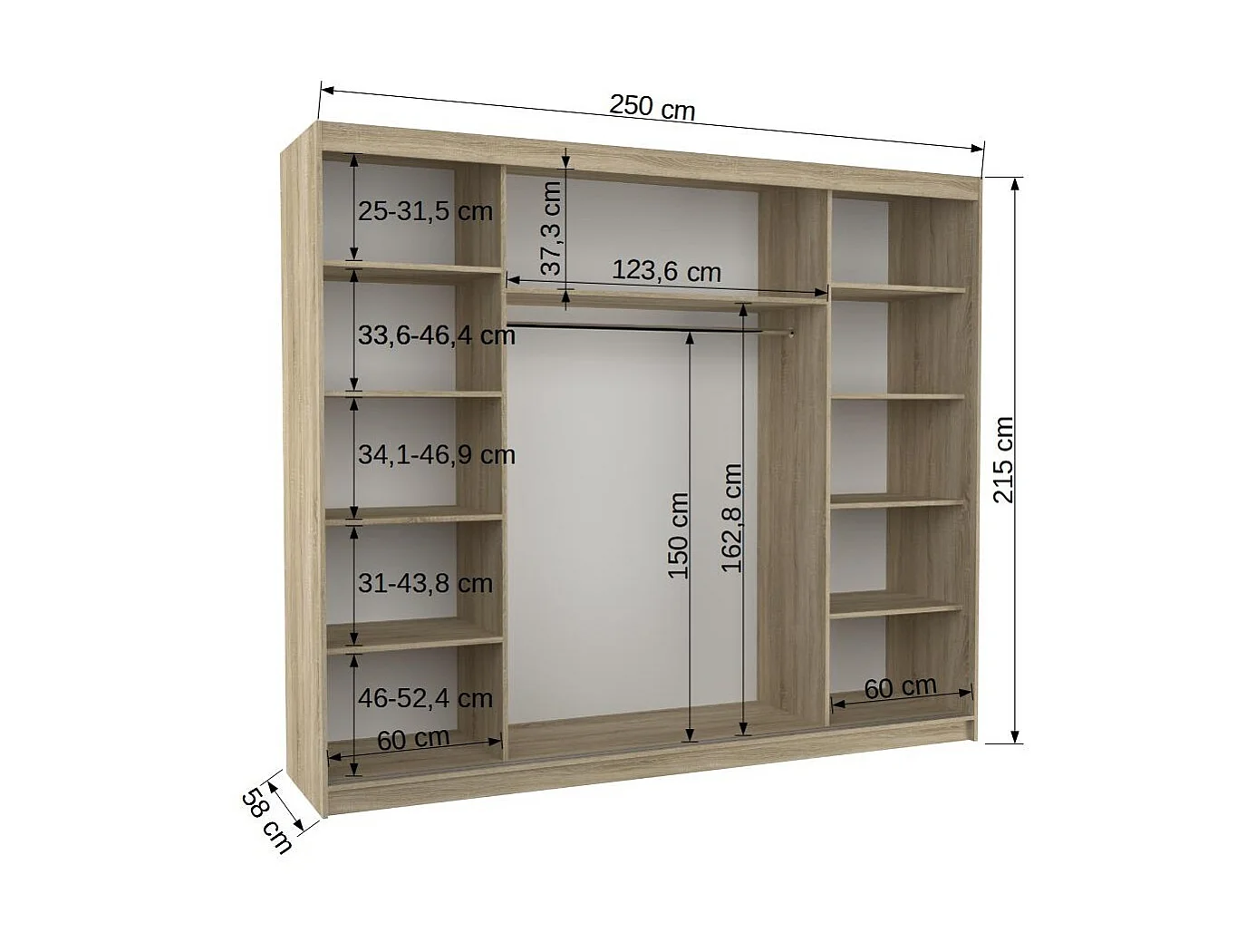 Grande armoire de chambre à coucher 3 portes coulissantes marron et miroir biseauté Kola 250cm