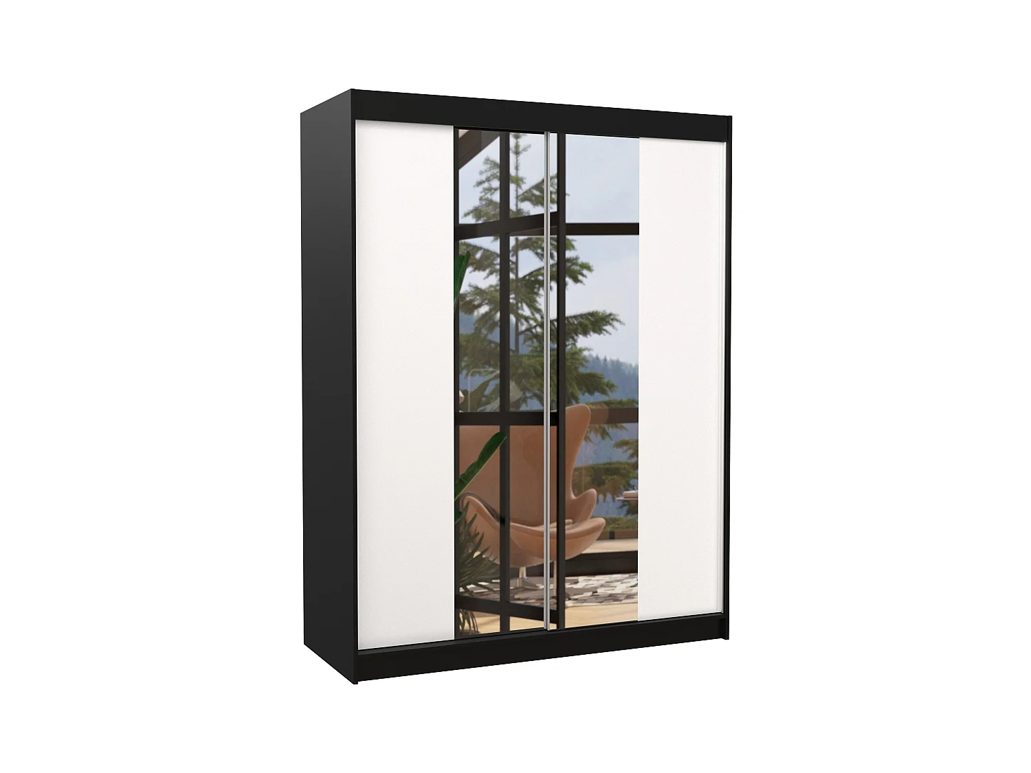 Armoire de chambre noir 2 portes coulissantes bois blanc et miroir Zomka 150cm