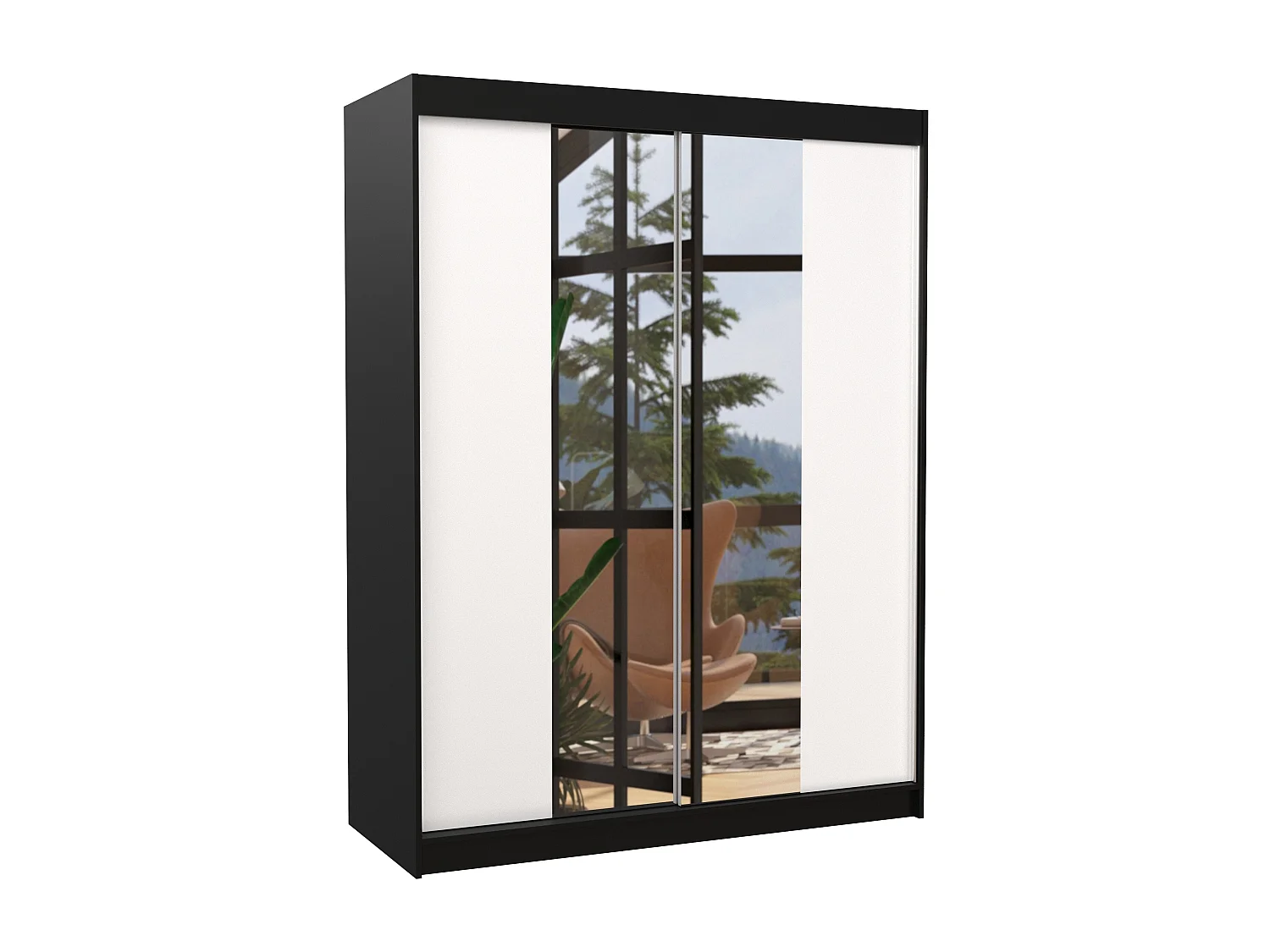 Armoire de chambre noir 2 portes coulissantes bois blanc et miroir Zomka 150cm