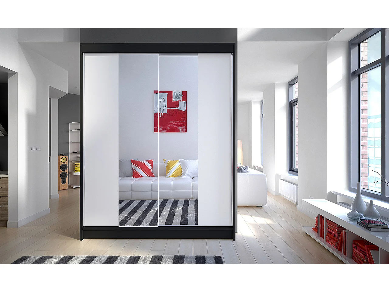 Armoire de chambre noir 2 portes coulissantes bois blanc et miroir Zomka 150cm