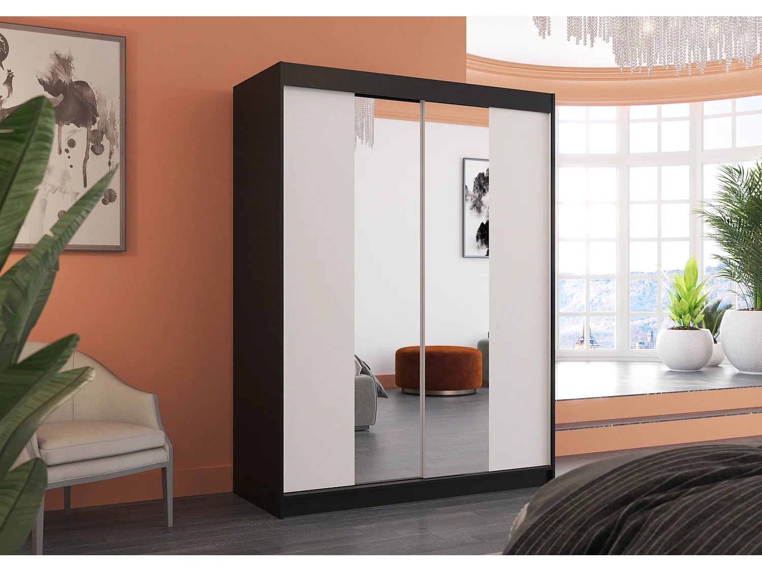 Armoire de chambre noir 2 portes coulissantes bois blanc et miroir Zomka 150cm