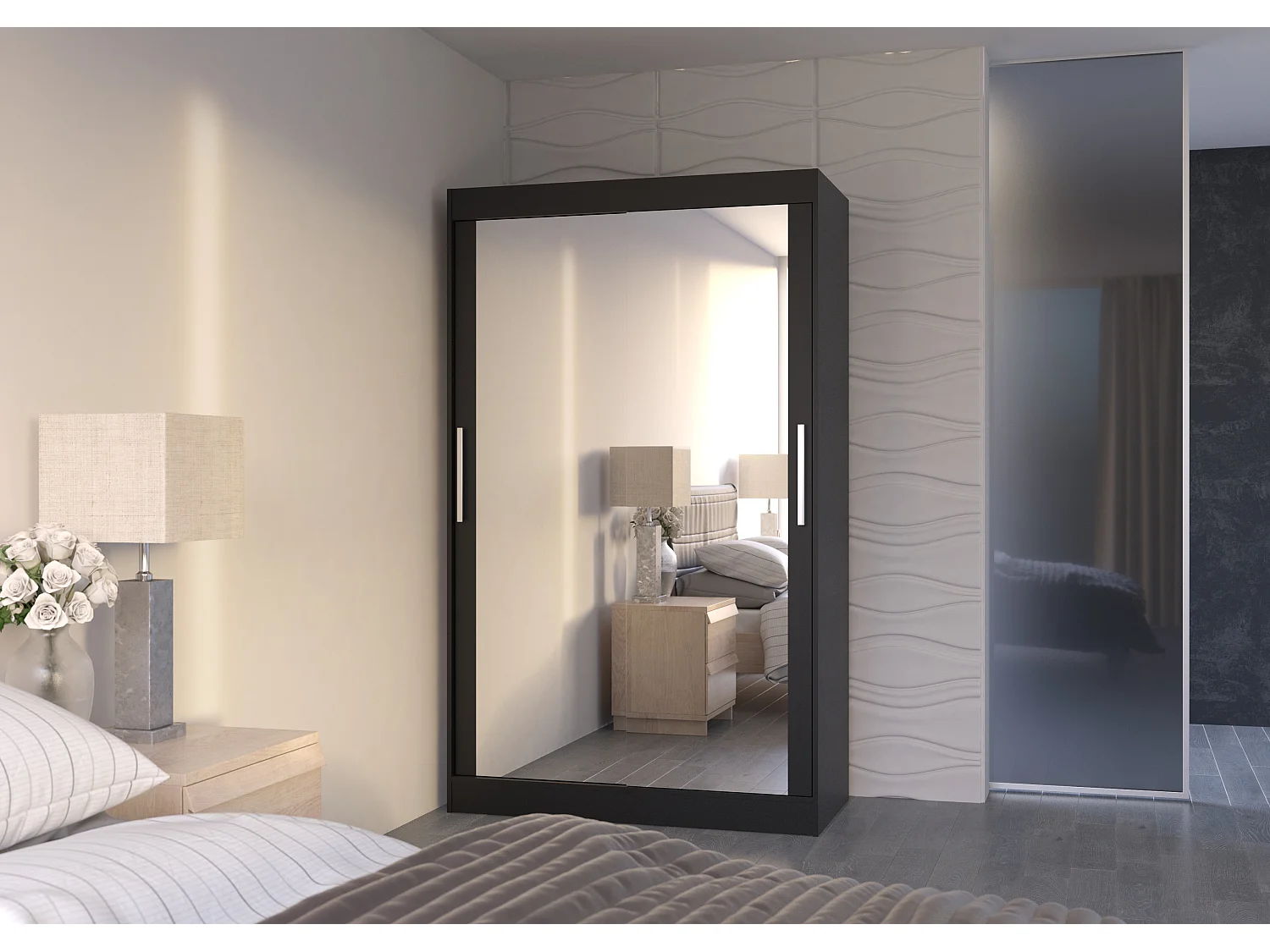 Kleine moderne zwarte slaapkamerkast met 2 spiegelschuifdeuren Ibizo 120 cm