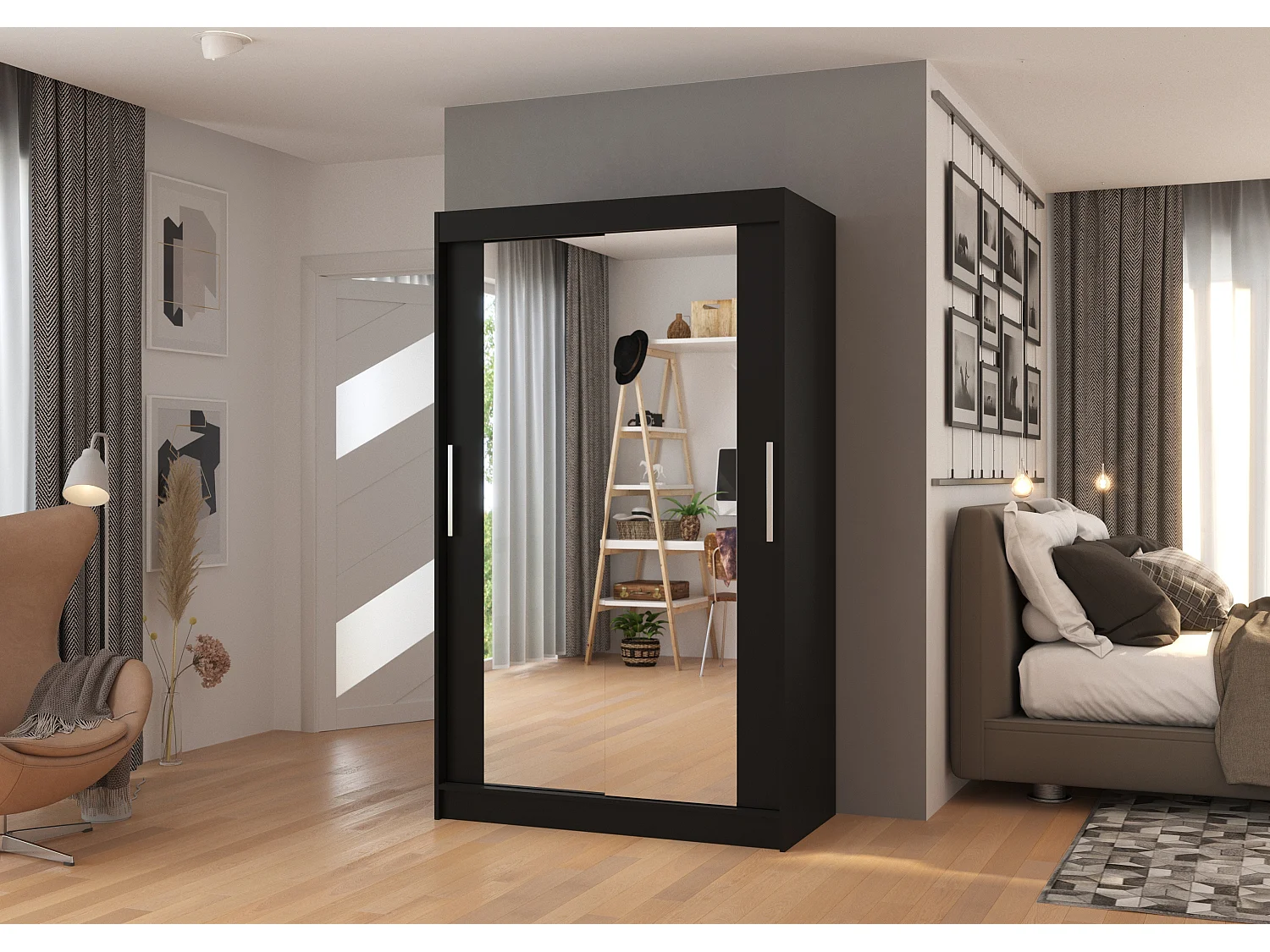 Petite armoire moderne de chambre à coucher noir avec 2 portes coulissantes miroir Ibizo 120cm