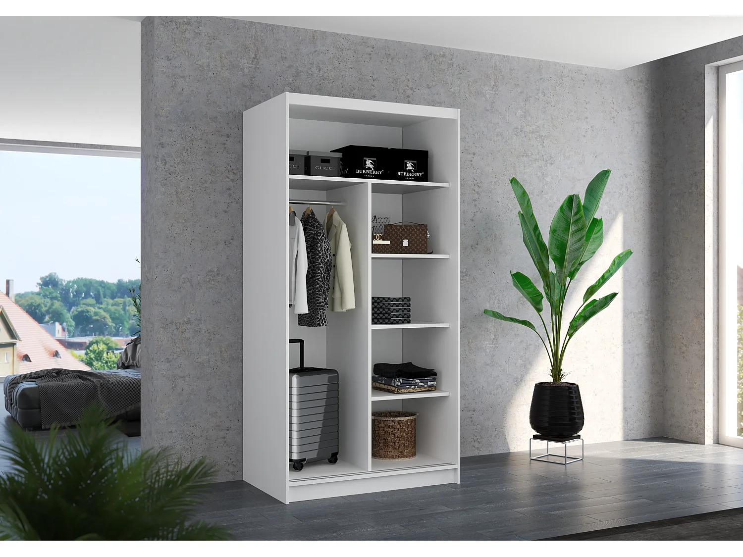 Petite armoire de chambre noir 2 portes coulissantes en bois blanc Rika 100cm