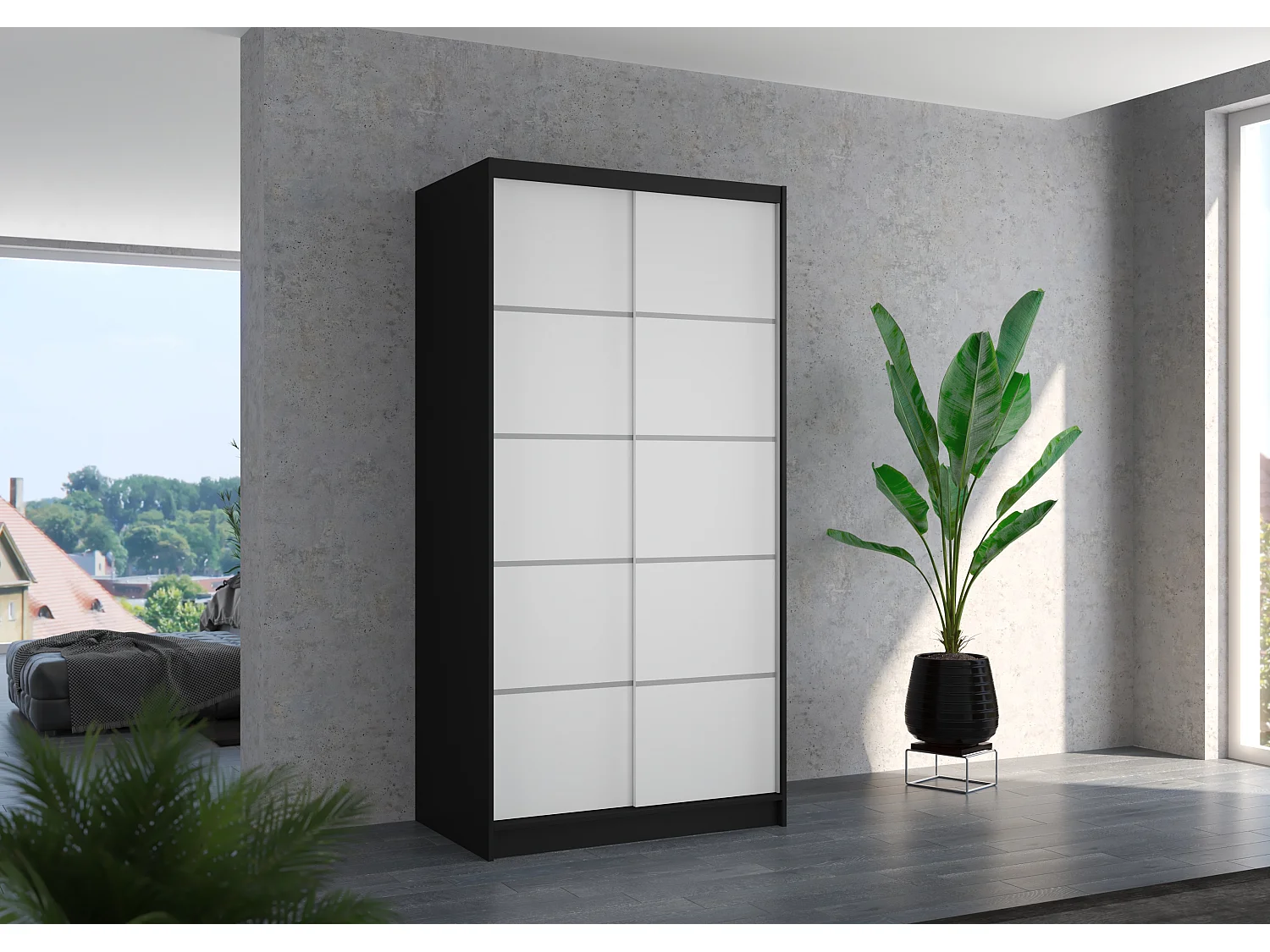 Petite armoire de chambre noir 2 portes coulissantes en bois blanc Rika 100cm