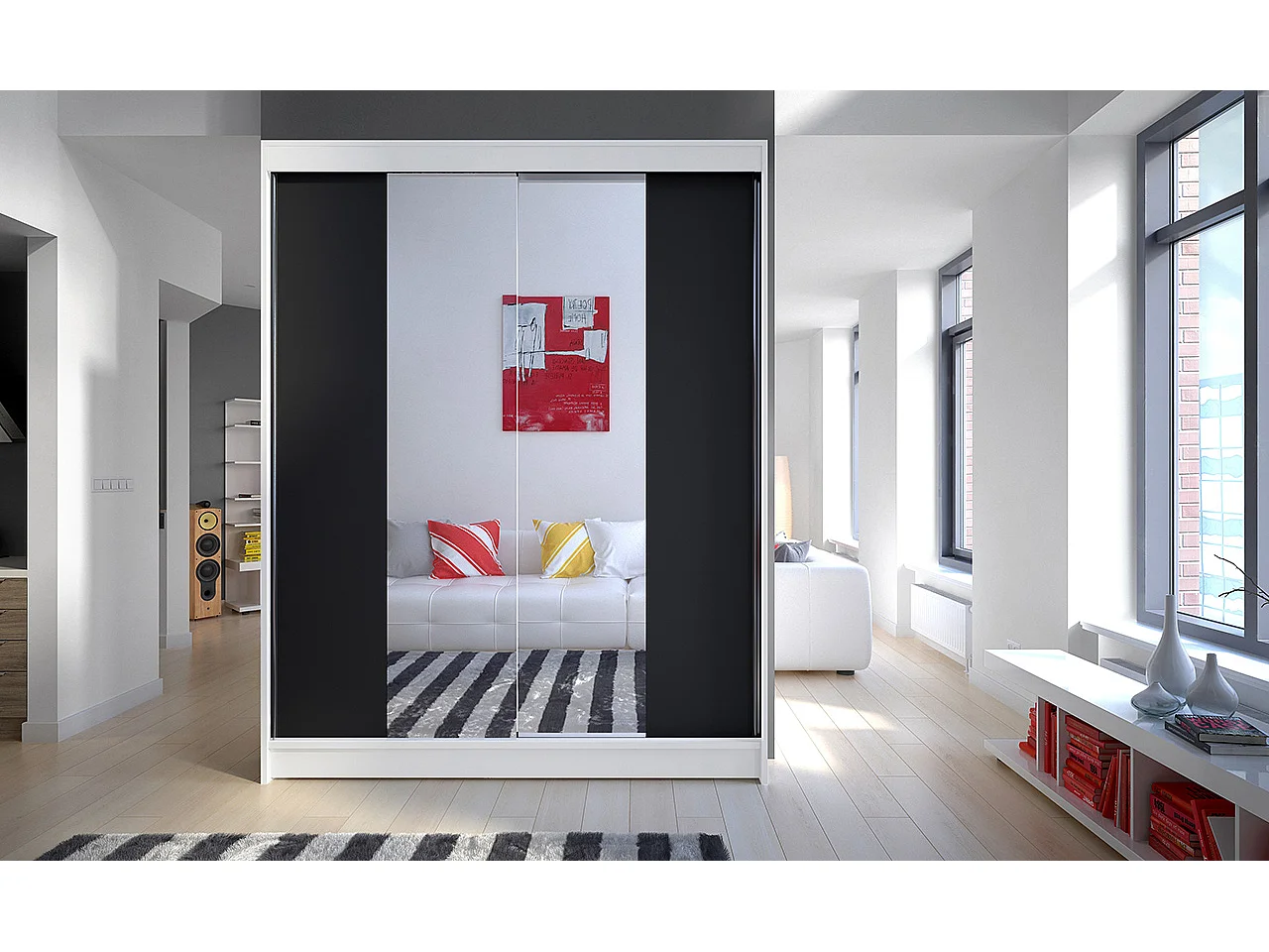 Armoire de chambre blanche 2 portes coulissantes bois noir et miroir Zomka 150cm