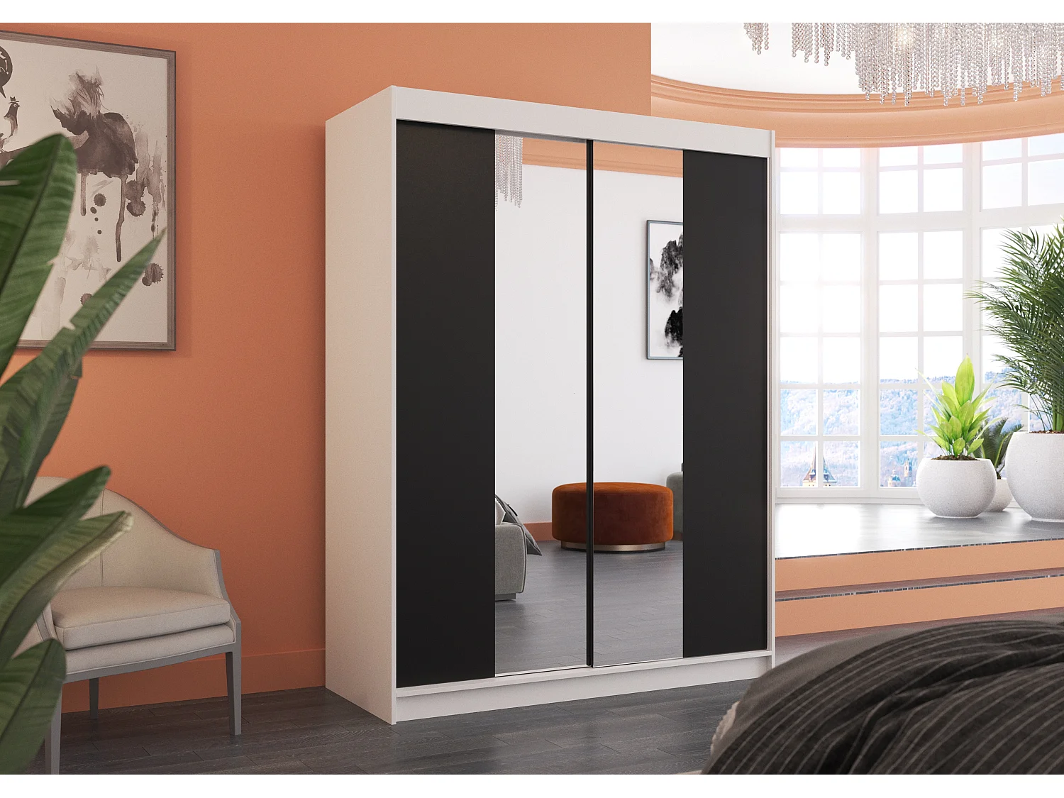 Armoire de chambre blanche 2 portes coulissantes bois noir et miroir Zomka 150cm