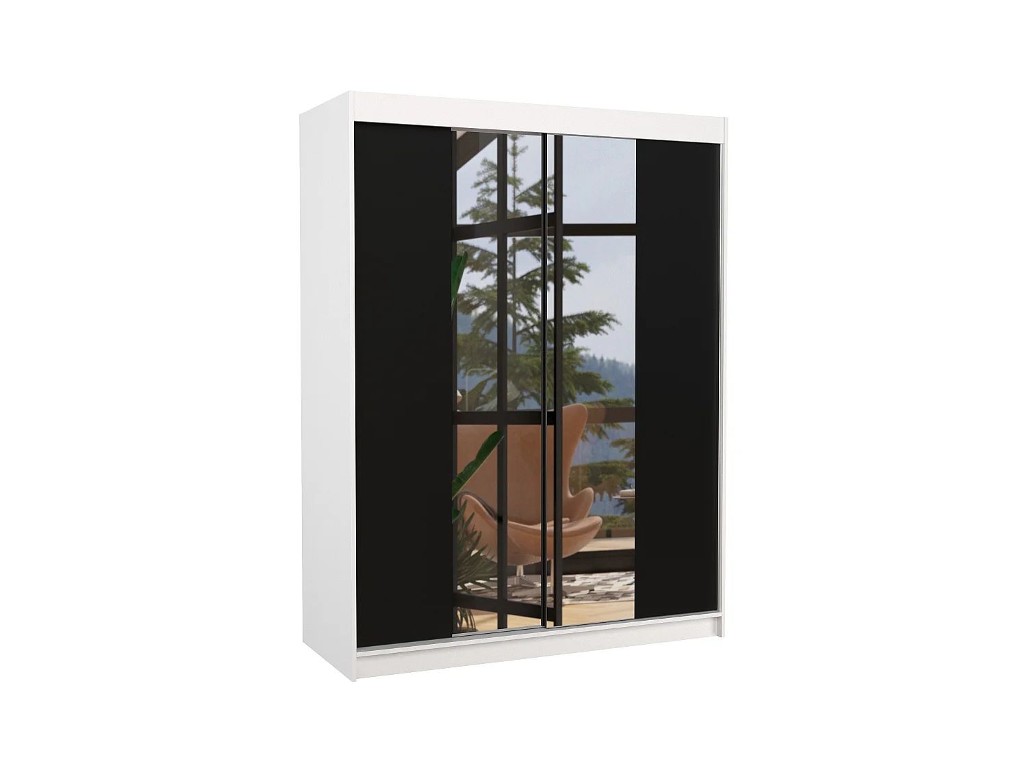 Armoire de chambre blanche 2 portes coulissantes bois noir et miroir Zomka 150cm