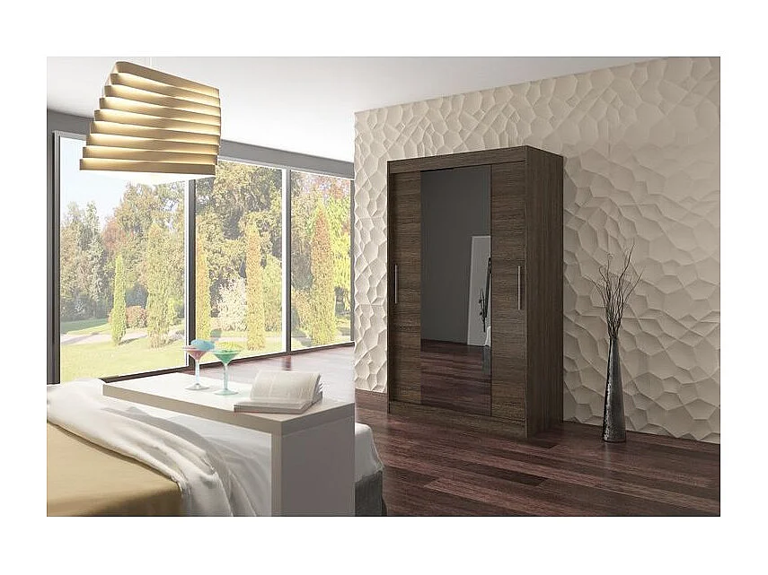 Petite armoire de chambre 2 portes coulissantes marron et miroir Tinko 120cm