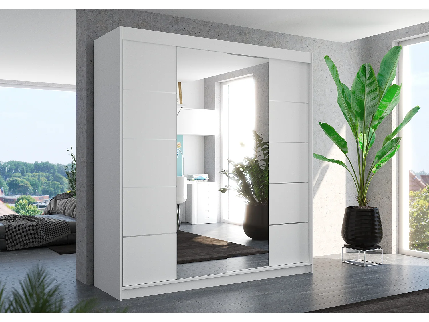 Armoire chambre adulte 2 portes coulissantes bois blanc et miroir Dalia 200cm