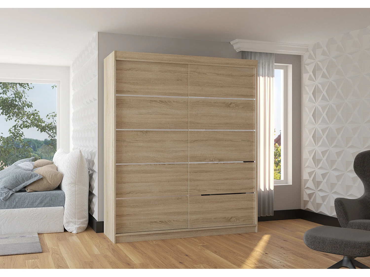 Armoire de chambre à coucher 2 portes coulissantes bois clair et alu Pimka 180cm