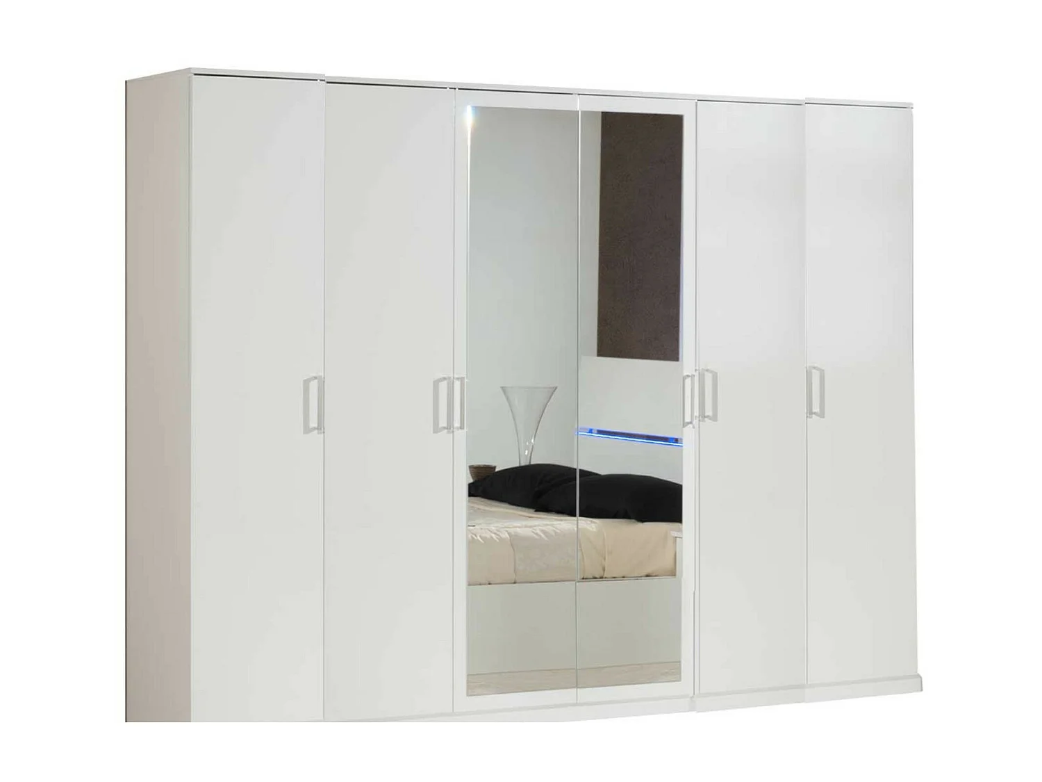 Grande armoire de chambre moderne 6 portes battantes bois blanc laqué et miroir Mona 272cm