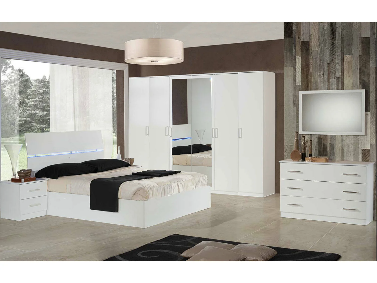 Grande armoire de chambre moderne 6 portes battantes bois blanc laqué et miroir Mona 272cm