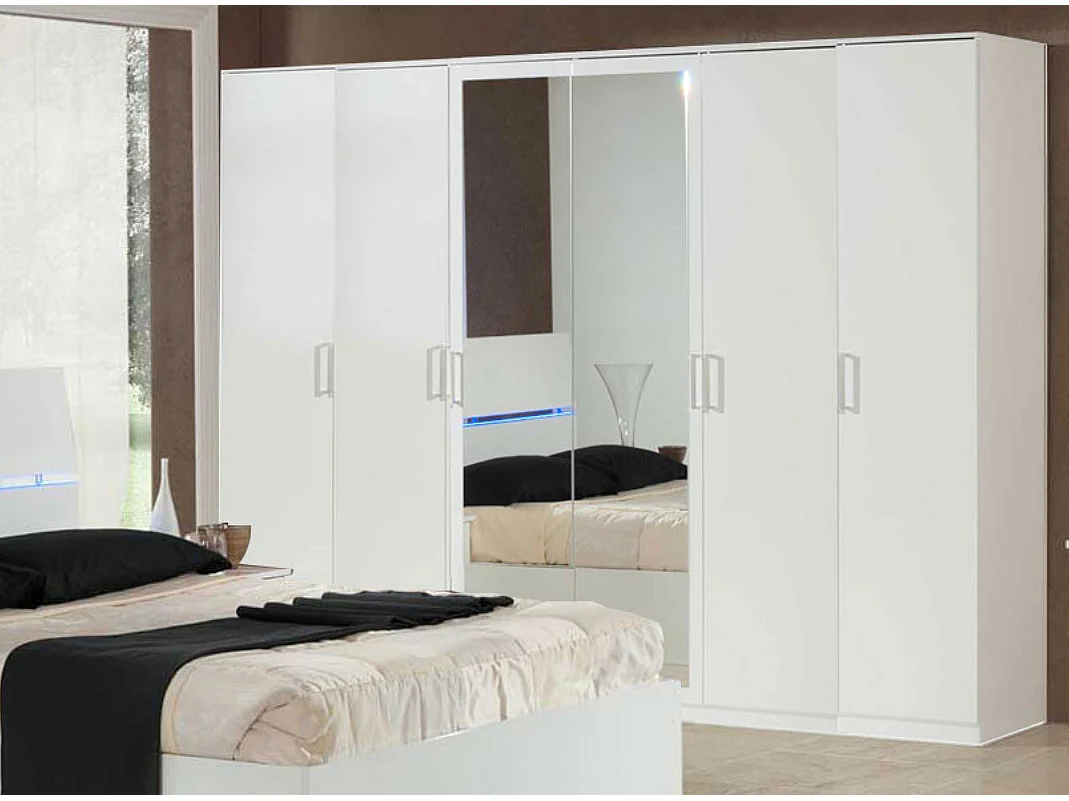 Grande armoire de chambre moderne 6 portes battantes bois blanc laqué et miroir Mona 272cm
