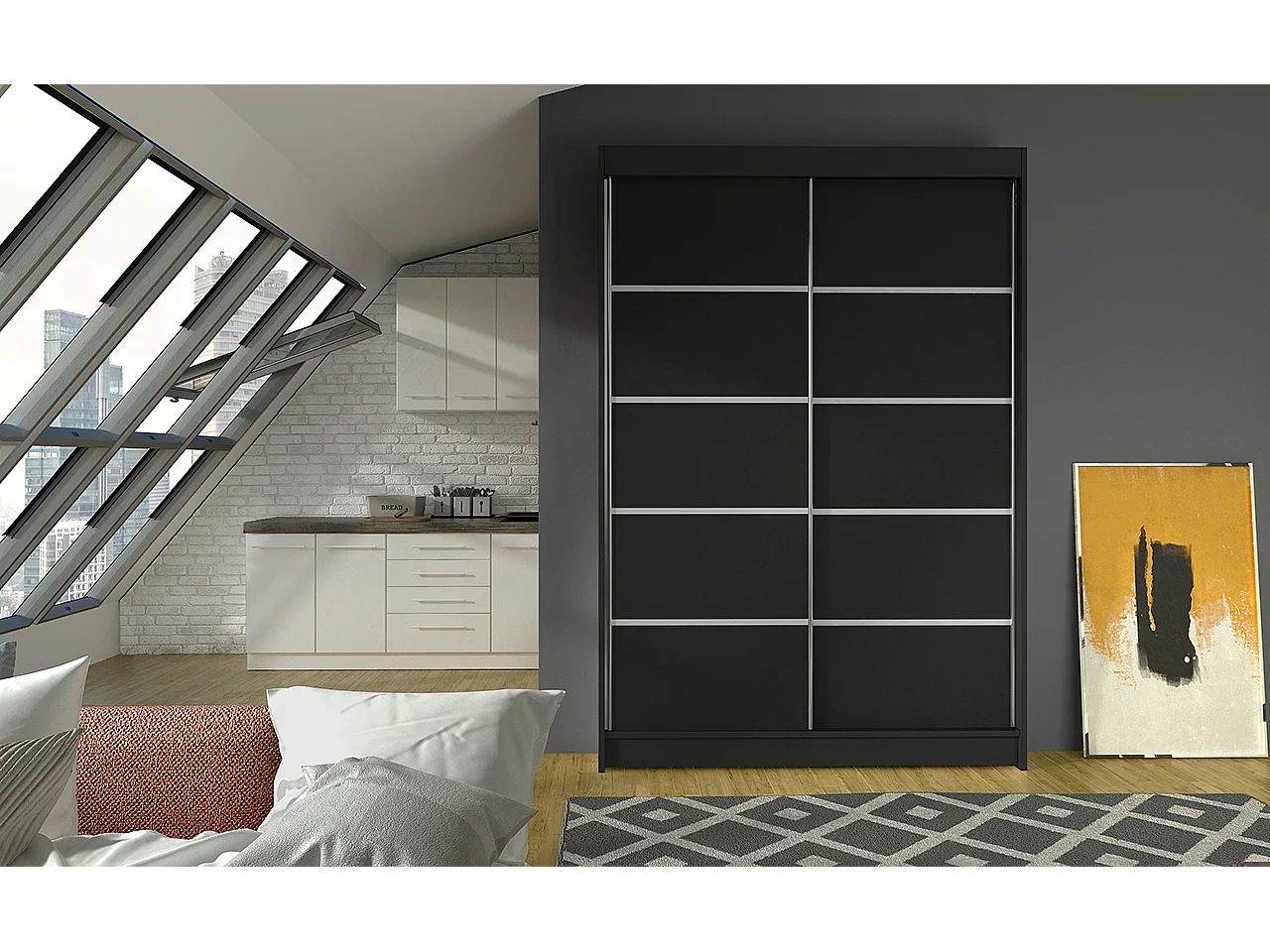 Petite armoire de chambre noir avec 2 portes coulissantes Benko 120cm