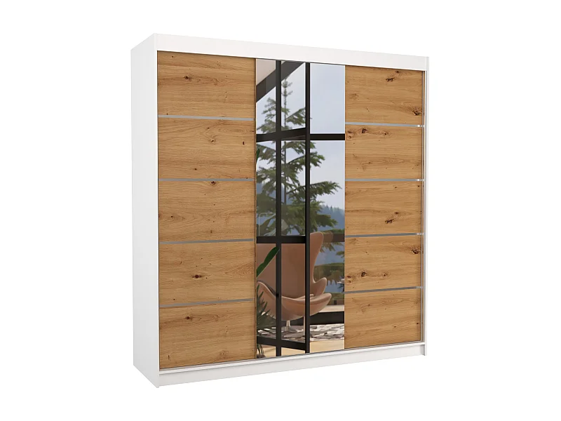 Armoire chambre adulte 2 portes coulissantes bois blanc et bois artisan avec miroir Baker 200cm