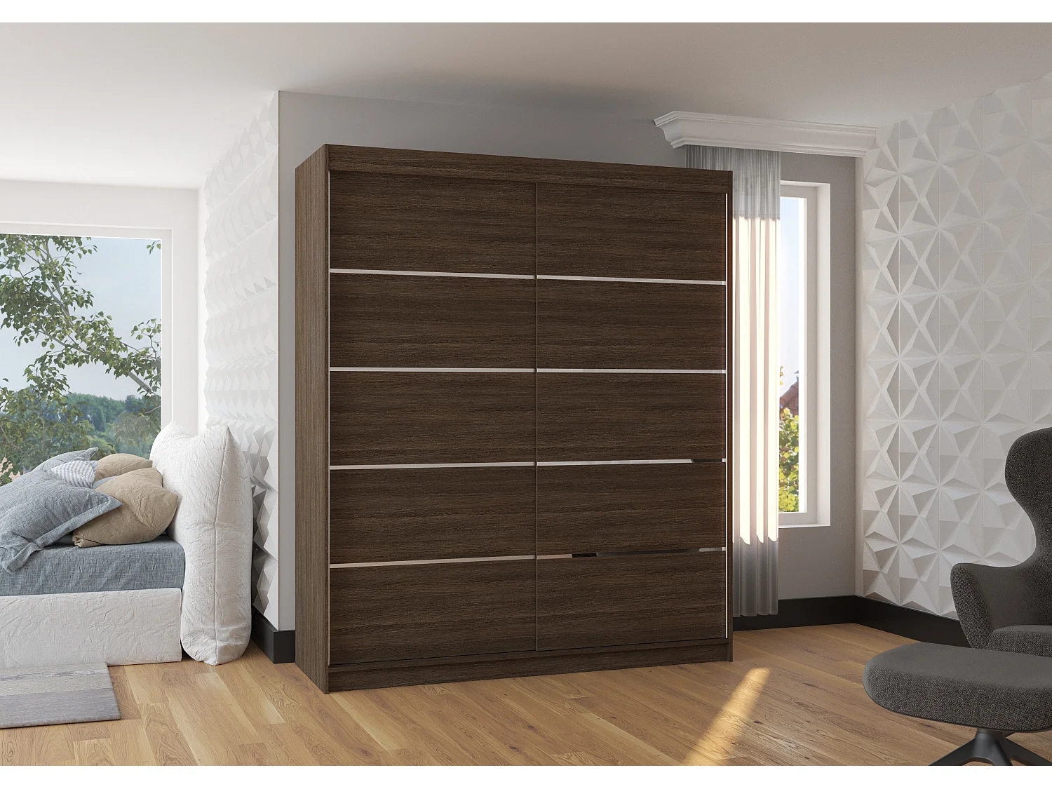 Armoire de chambre à coucher 2 portes coulissantes marron et alu Pimka 180cm