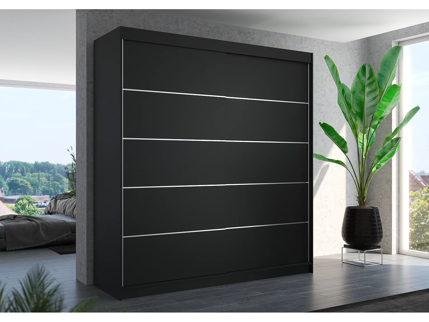 Armoire chambre adulte noir 2 portes coulissantes Yvona 200cm