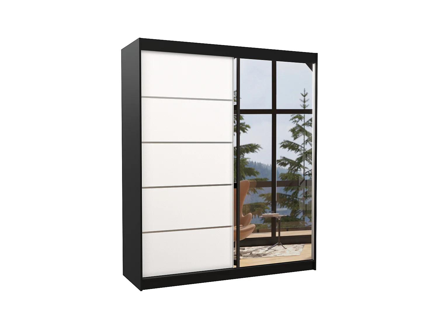 Armoire de chambre design noir 2 portes coulissantes bois blanc et alu avec miroir Karena 180cm