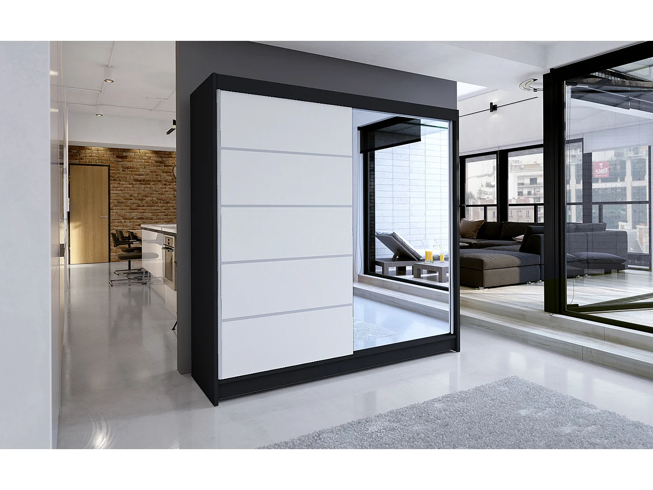 Armoire de chambre design noir 2 portes coulissantes bois blanc et alu avec miroir Karena 180cm