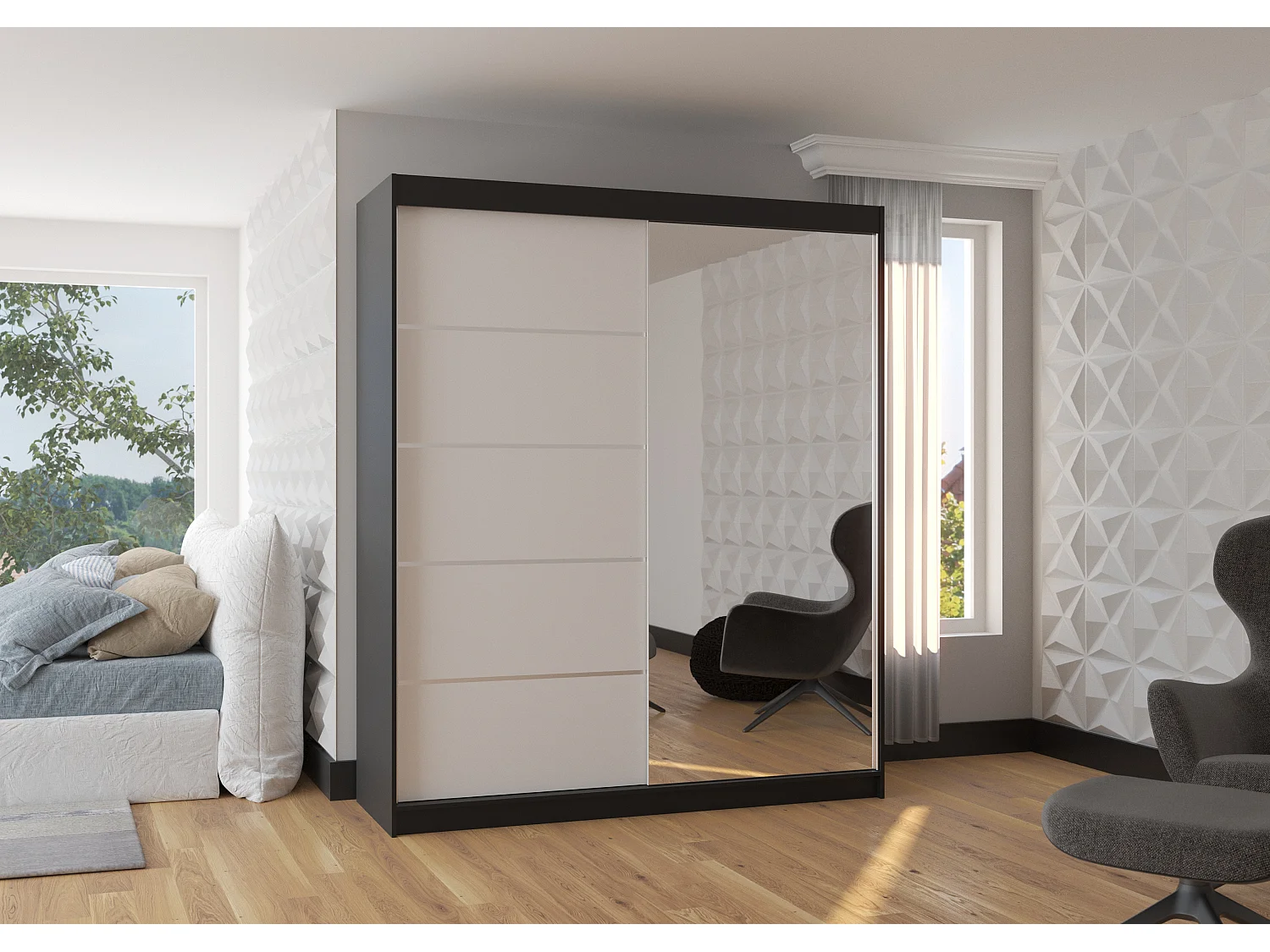 Armoire de chambre design noir 2 portes coulissantes bois blanc et alu avec miroir Karena 180cm