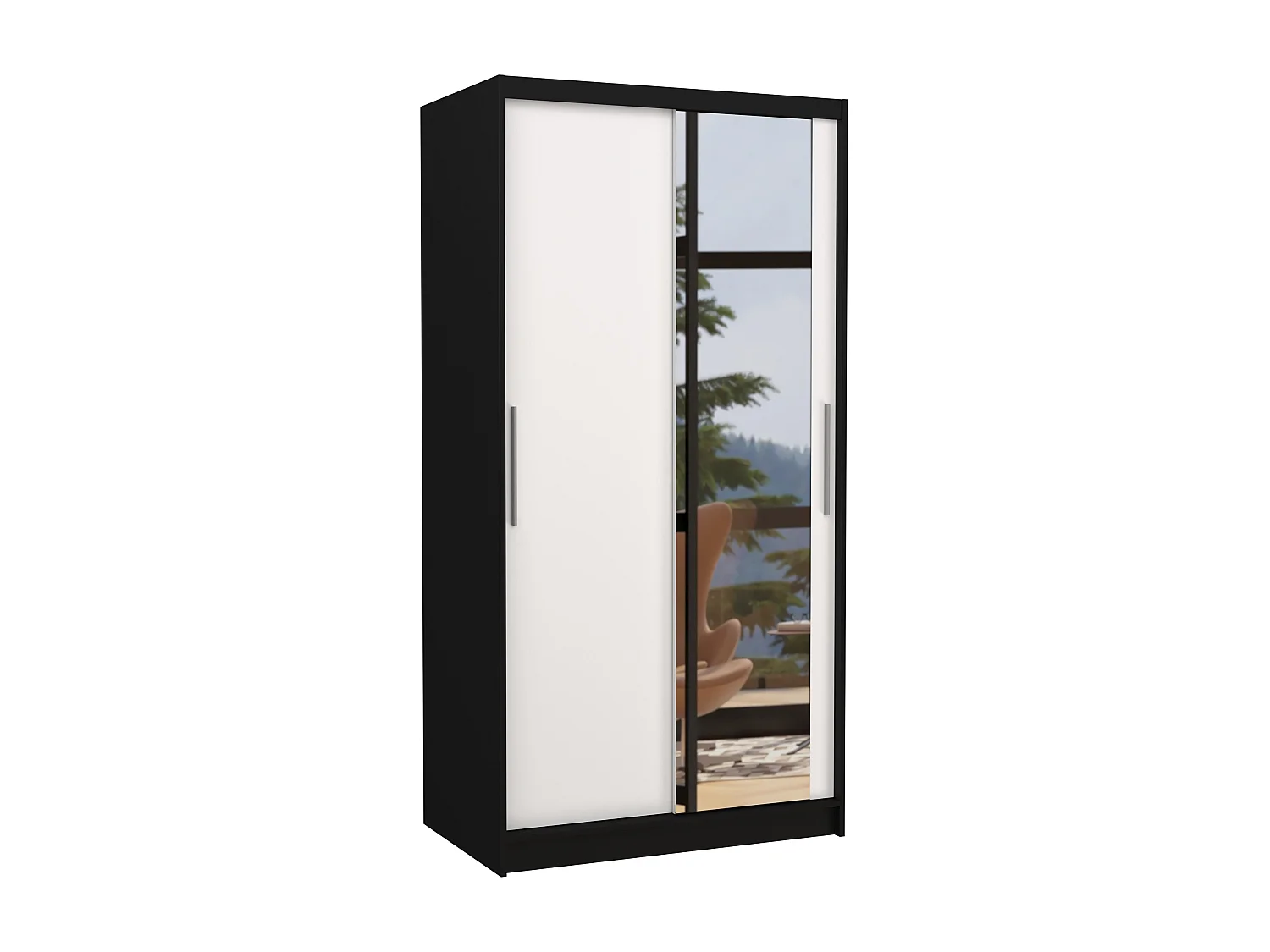 Petite armoire de chambre noir 2 portes coulissantes bois blanc et miroir Bazo 100cm