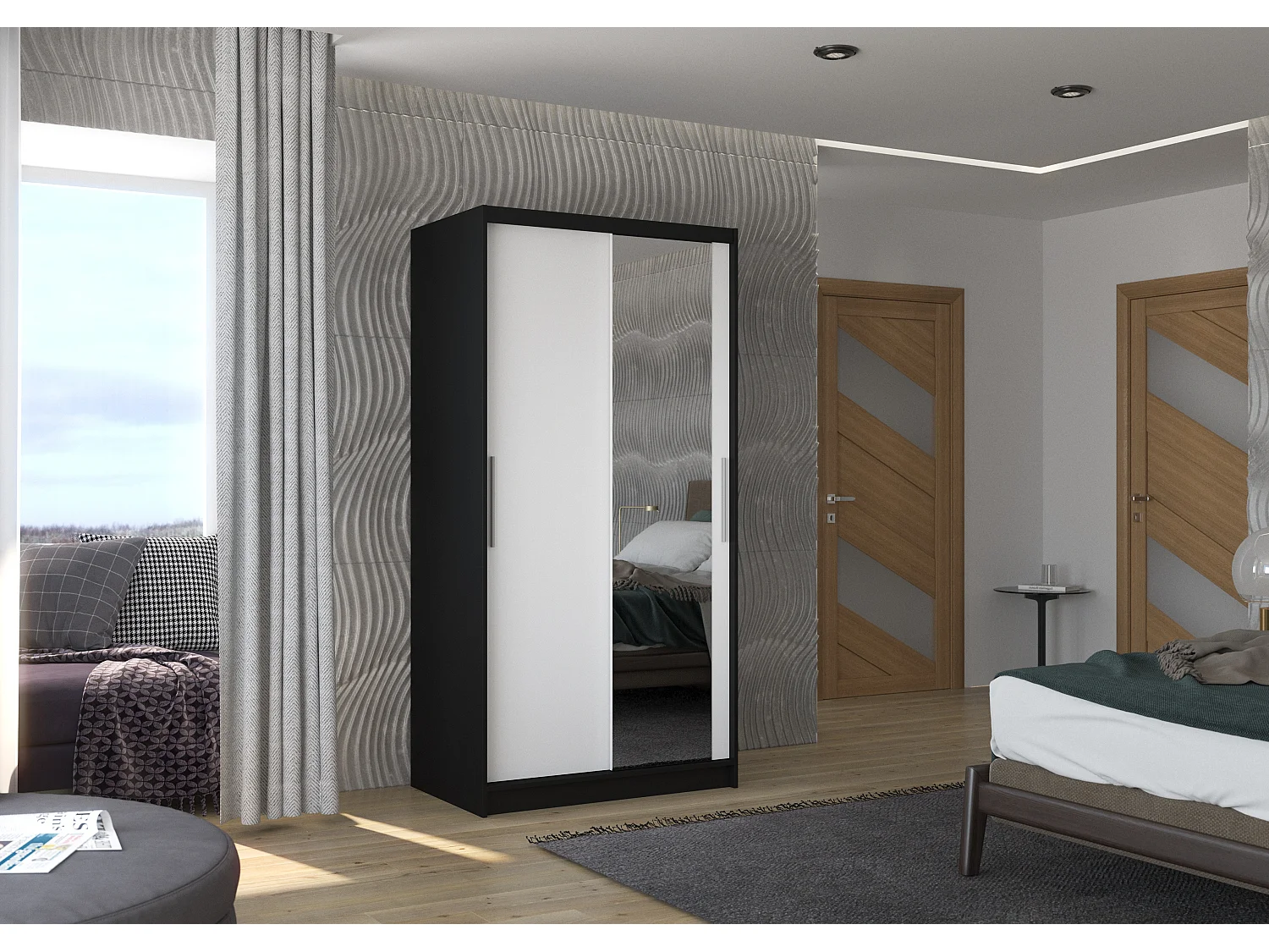 Petite armoire de chambre BAZO 2 portes coulissantes bois et miroir-Noir/Blanc-Largeur 100 cm