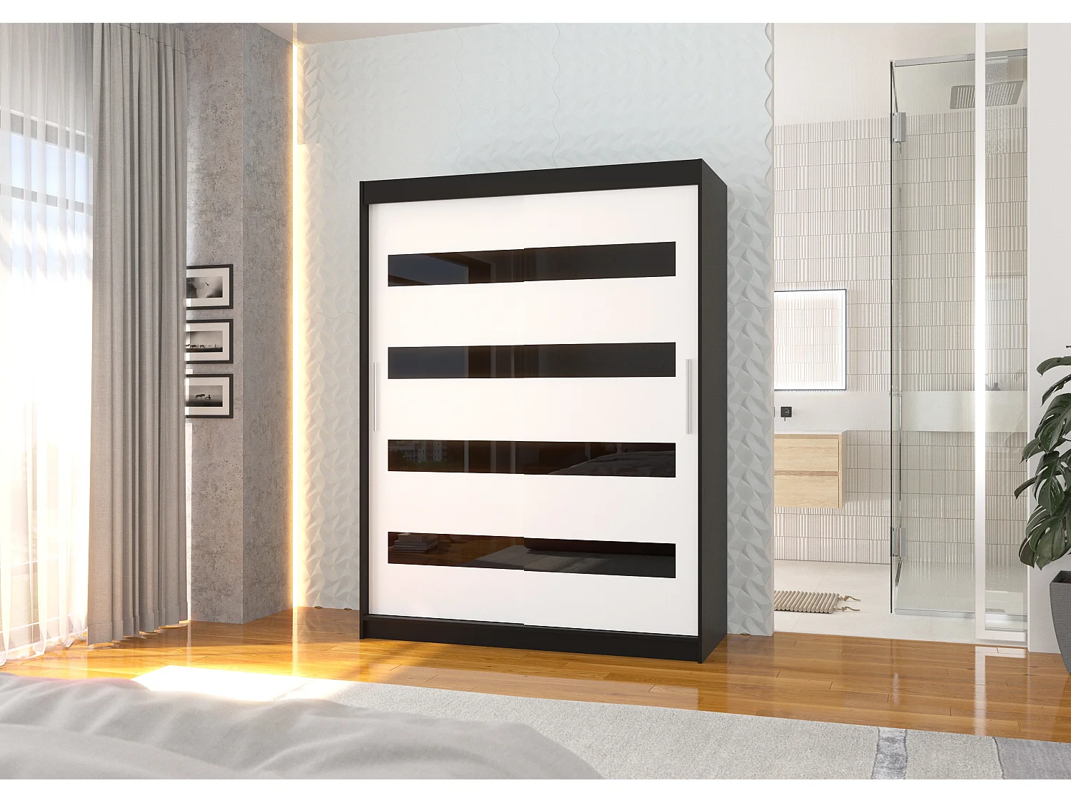 Armoire de chambre à coucher noir 2 portes coulissantes blanc mat et noir laqué Zanko 150cm