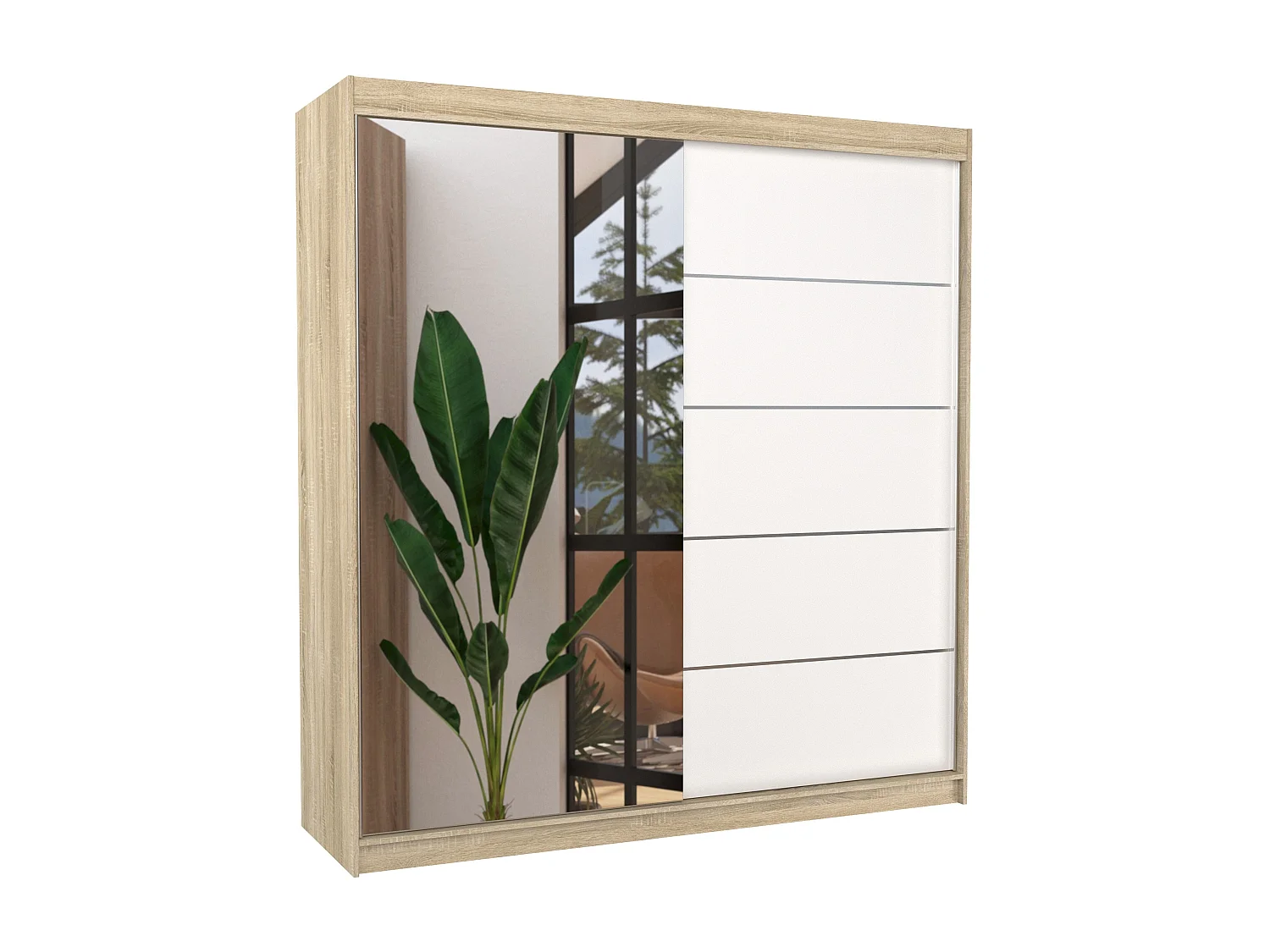Armoire chambre adulte 2 portes coulissantes naturel et blanc avec miroir Olivia 200cm
