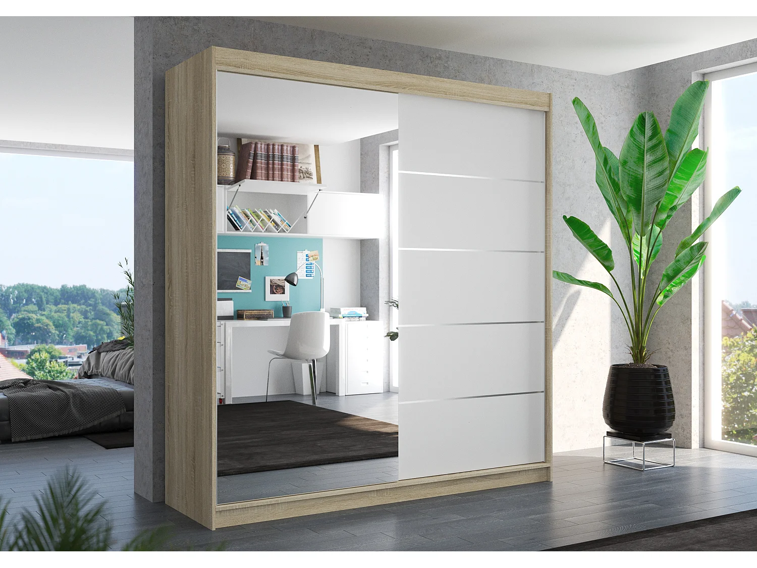 Armoire chambre adulte 2 portes coulissantes naturel et blanc avec miroir Olivia 200cm