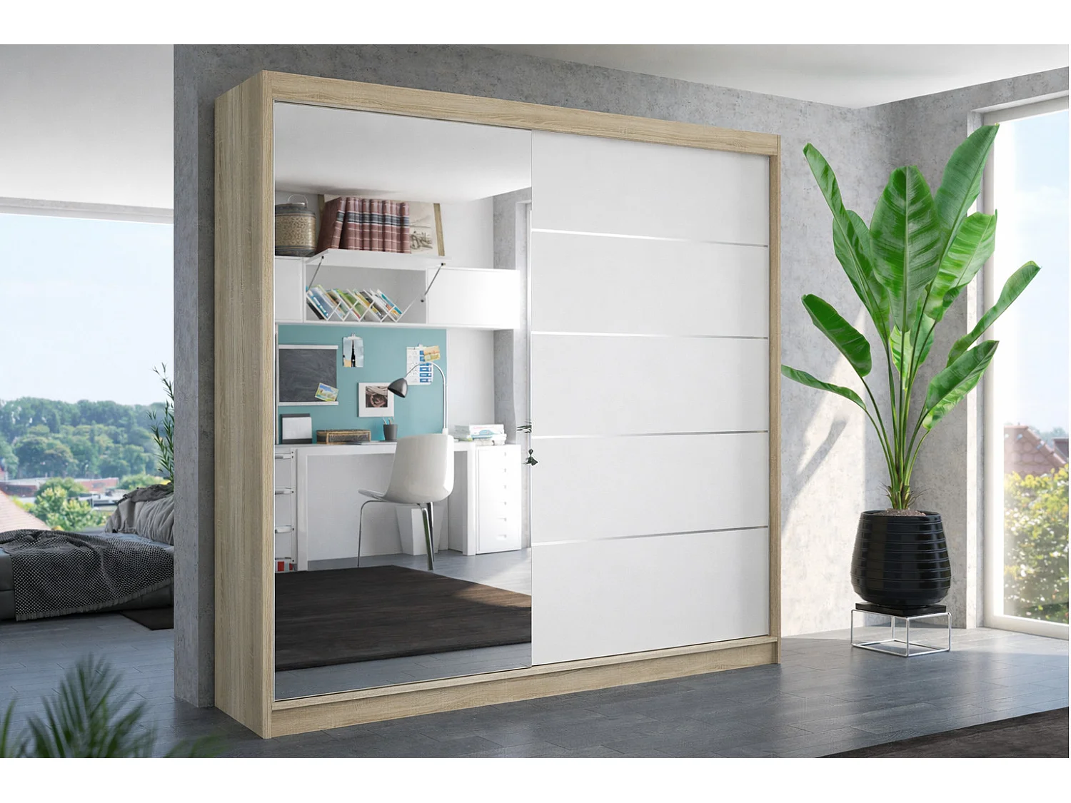 Armoire chambre adulte 2 portes coulissantes OLIVIA 200cm avec miroir-Naturel/Blanc