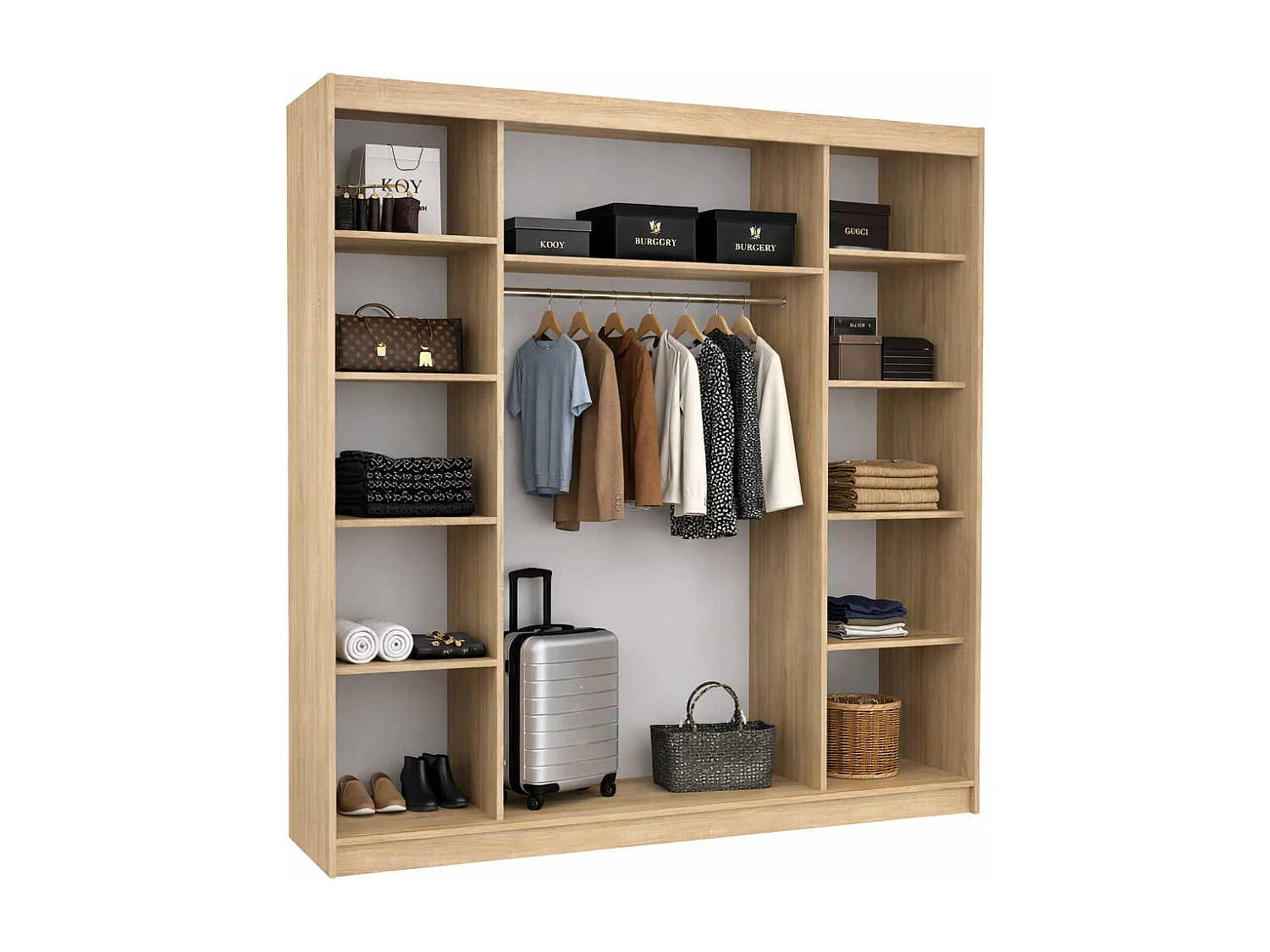 Armoire chambre adulte 2 portes coulissantes OLIVIA 200cm avec miroir-Naturel/Blanc