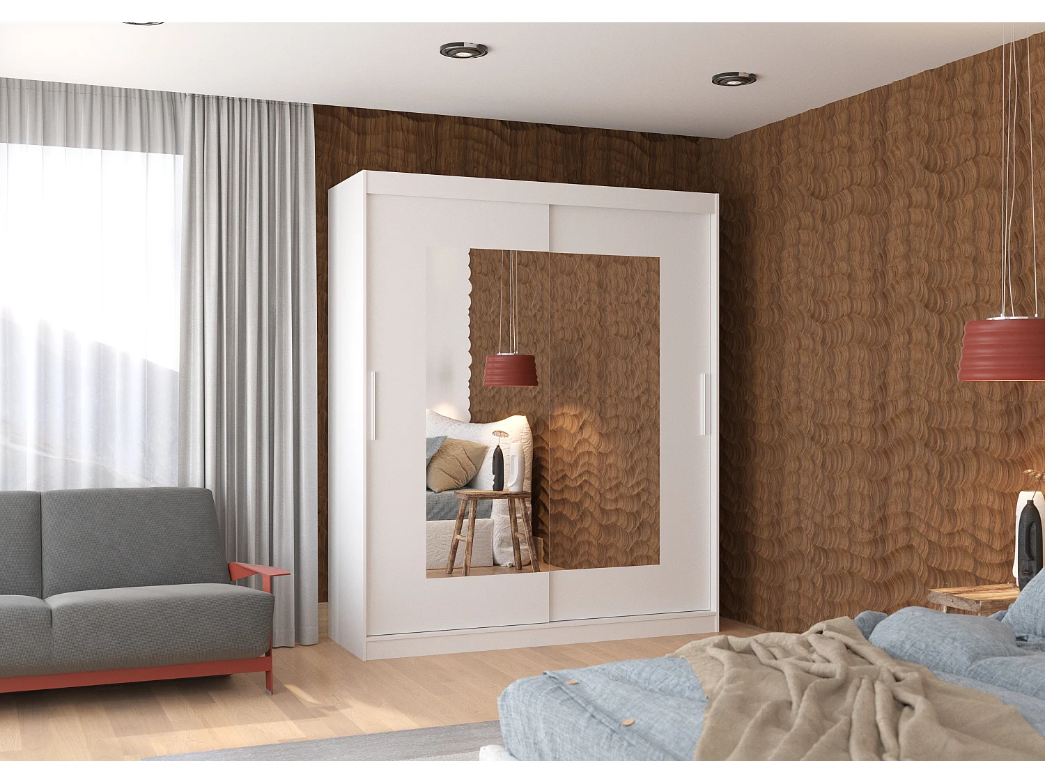 Armoire de chambre moderne blanche 2 portes coulissantes avec miroir Rozika 180cm