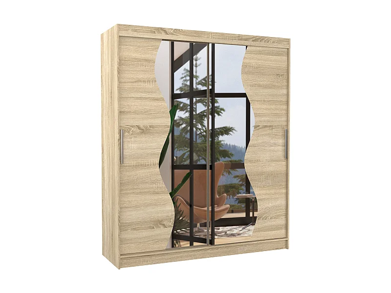 Armoire de chambre moderne bois clair 2 portes coulissantes avec miroir Voky 180cm