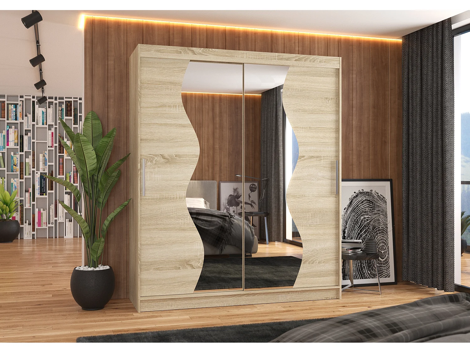 Armoire de chambre moderne bois clair 2 portes coulissantes avec miroir Voky 180cm