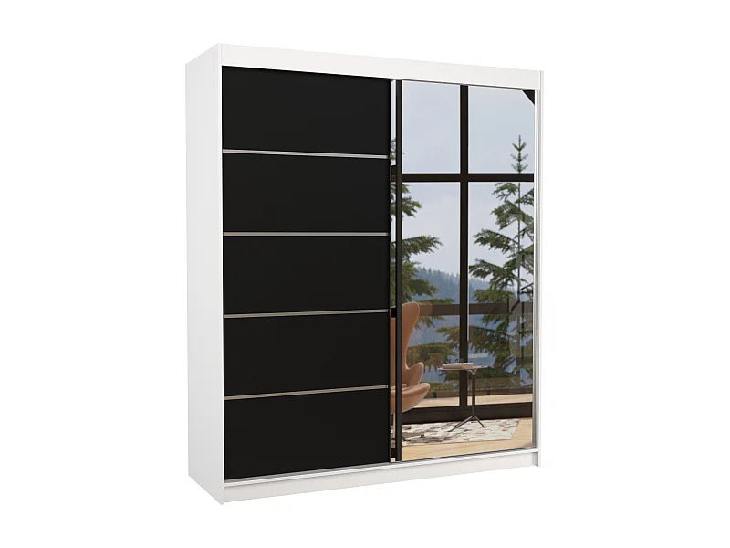 Armoire de chambre design blanche 2 portes coulissantes bois noir et alu avec miroir Karena 180cm