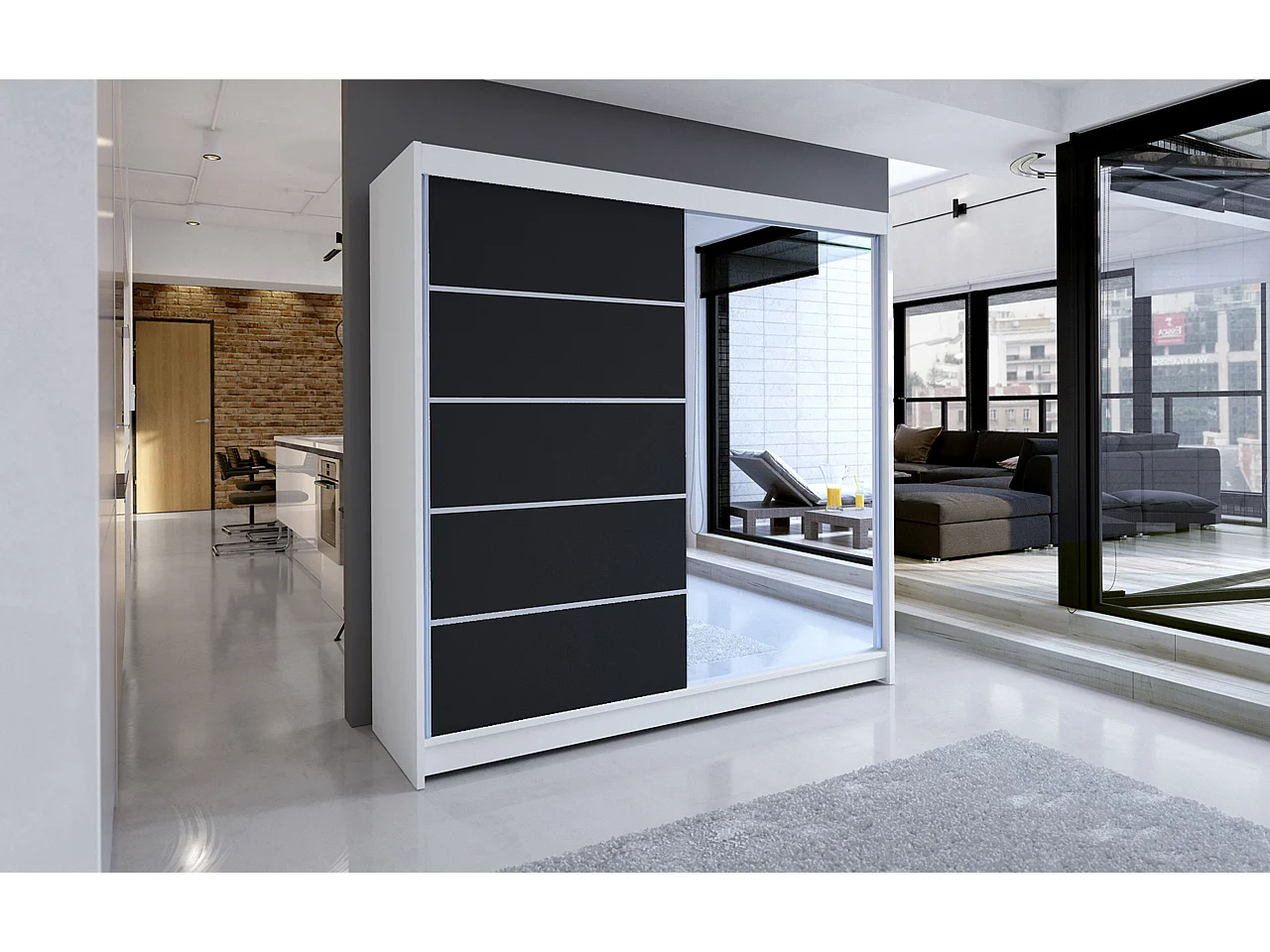 Armoire de chambre design blanche 2 portes coulissantes bois noir et alu avec miroir Karena 180cm