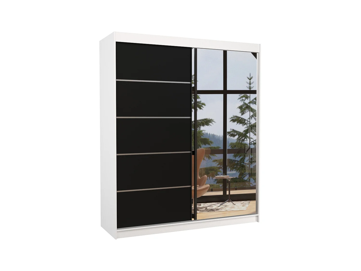 Armoire de chambre design blanche 2 portes coulissantes bois noir et alu avec miroir Karena 180cm