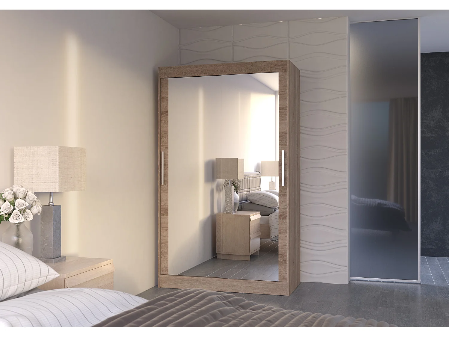 Kleine moderne truffelhouten slaapkamerkast met 2 spiegelschuifdeuren Ibizo 120 cm