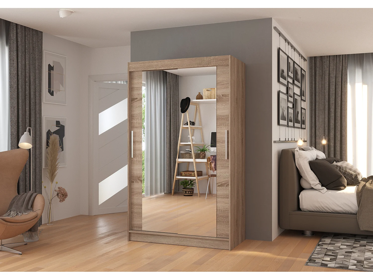 Kleine moderne truffelhouten slaapkamerkast met 2 spiegelschuifdeuren Ibizo 120 cm